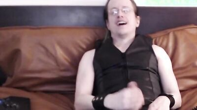 Webcam session in leather, loud orgasm with cum eating