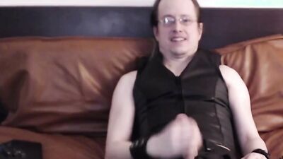 Webcam session in leather, loud orgasm with cum eating