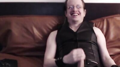 Webcam session in leather, loud orgasm with cum eating