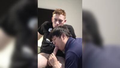 Chubby Asian guy goes down on his white boyfriend and blows him
