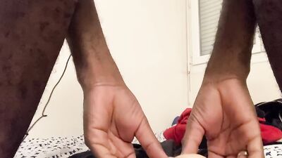 Hairy guy is pushing his hard dick in a special sex toy