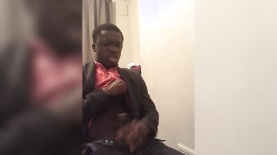 Black lad gets horny and grabs his hard pecker to jerk off