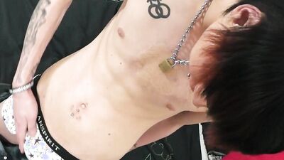 Emo twink pulls out his hard cock and plays with it
