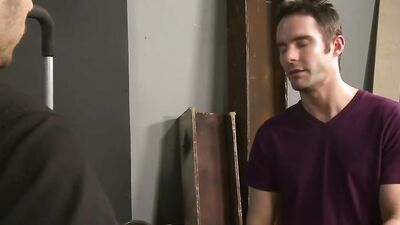 Horny lad undresses his partner and fucks him in the storage room