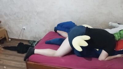Perverted guy gets excited while rubbing cock against that stuffed doll