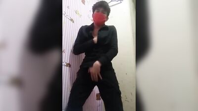 Masked Asian guy shows his cock and strokes it on the camera