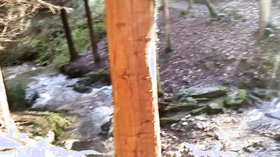 Horny lad is filing his hard pecker while jerking off by the creek