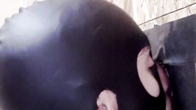 Gimp licks that hard cock and sucks it through a gloryhole