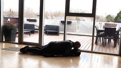 wetsuited silicone masked guy cums on his dummy at patio windows