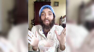 Cute bearded guy has fun doing a food bowl review