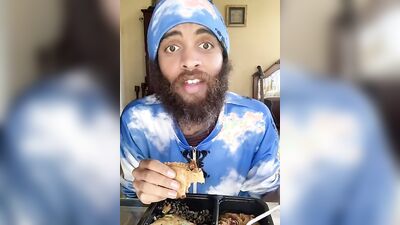 Cute Latino with a sexy beard does a food review