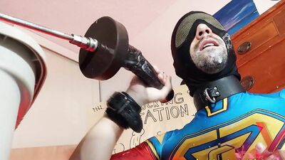 Superhero cock-pig goes ass-to-mouth on the CENTAUR dildo from Hankey's Toys