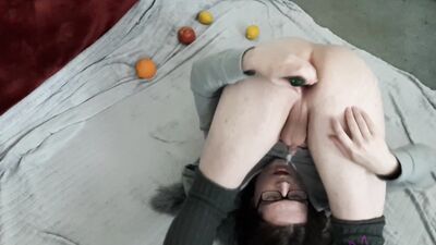 Horny guy chokes on a dildo and fucks various vegetables