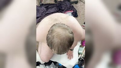 Chubby nerd is filmed while drilling his ass with a sex toy