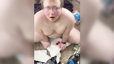 Chubby nerd is filmed while drilling his ass with a sex toy