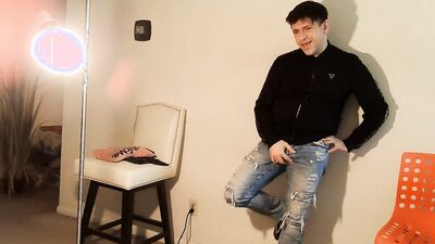 Naughty man gets naked and plays with his dick on the floor