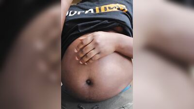 Chubby black man shows his big belly and jerks off
