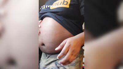 Chubby black man shows his big belly and jerks off