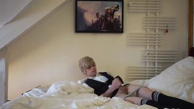 Blonde sissy is nailing his butthole with a massive sex toy