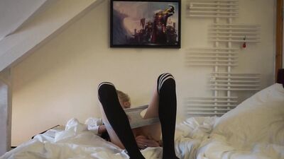 Blonde sissy is nailing his butthole with a massive sex toy