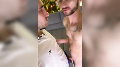 Nerdy guy is filming himself while sucking a hard pecker