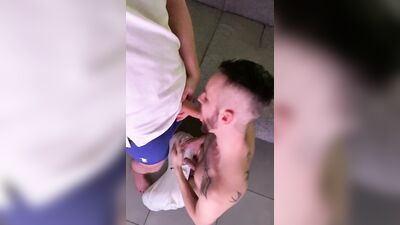 Nerdy guy is filming himself while sucking a hard pecker