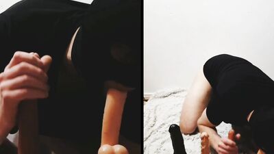 Masked gimp is stroking his cock while sitting on a sex toy