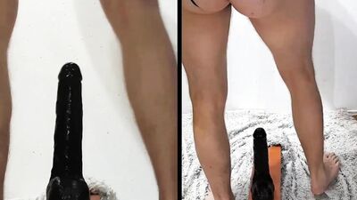Masked gimp is stroking his cock while sitting on a sex toy