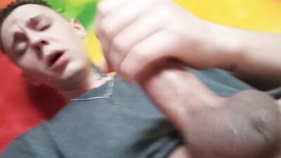 Horny chum is filming himself while stroking that hard cock