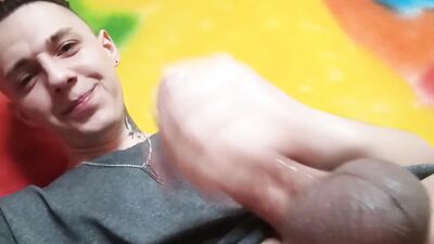Horny chum is filming himself while stroking that hard cock