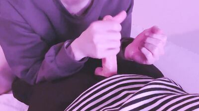Horny Asian guy is practicing his handjob skills on a big dildo