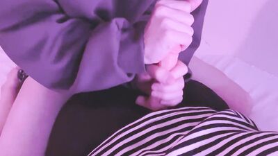 Horny Asian guy is practicing his handjob skills on a big dildo