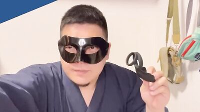 Masked jock loves to play with his cock and use nipple clamps