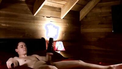 Horny lad pushes his hard cock in that flashlight toy