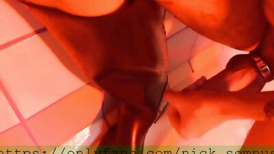 Sexy hell-boy jerking off in the shower. Cum flows over the rubber boot.
