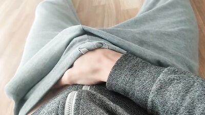 Lying on the floor, in my pajamas, I am playing again with my thick milk and this nice huge fat cock