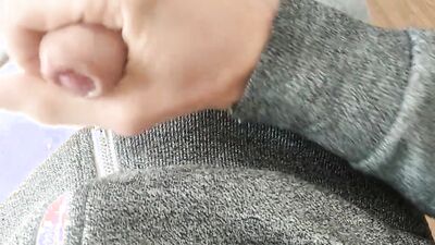 Lying on the floor, in my pajamas, I am playing again with my thick milk and this nice huge fat cock