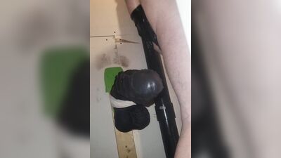 Perverted gay bloke is stretching his ass with huge black dildo