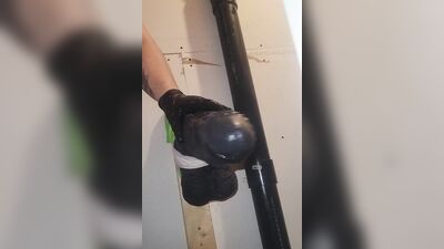 Perverted gay bloke is stretching his ass with huge black dildo