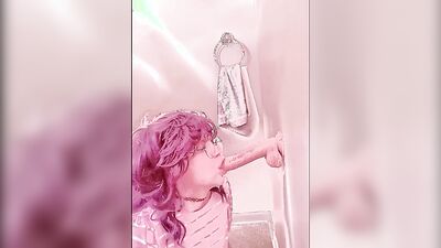 Pinky haired femboy sucks gummy dildo in this homemade video