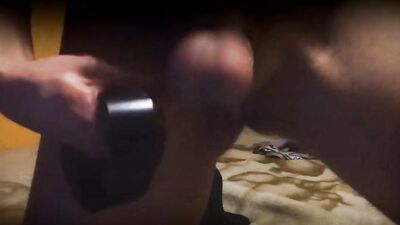 Tied up amateur gay bloke is jerking his hard prick