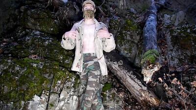Skinny amateur chap is enjoying in his solo performance inside the forest