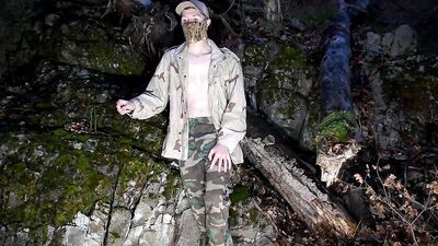 Skinny amateur chap is enjoying in his solo performance inside the forest