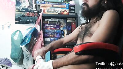 Bearded amateur gamer is stroking his prick while streaming online