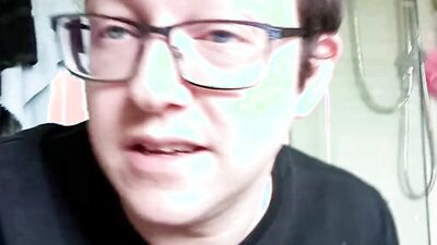 Nerdy chap is riding a dildo in front of the camera