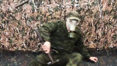 Fat military bloke is enjoying in his performance in front of the camera