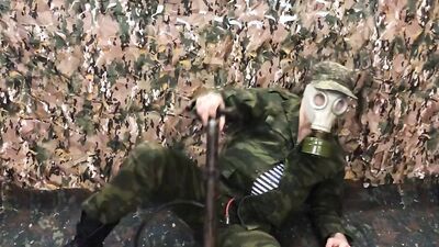 Fat military bloke is enjoying in his performance in front of the camera