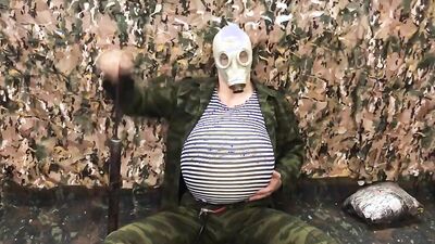 Fat military bloke is enjoying in his performance in front of the camera