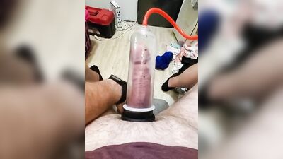 Amateur gay bloke is pumping his prick with his toy