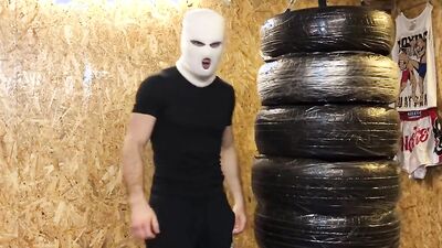 Horny masked bloke is jerking off in front of the camera